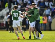 3 June 2018; Barry Mulrone, centre, and Ciaran Corrigan, left, of Fermanagh celebrate with teammates after the Ulster GAA Football Senior Championship Semi-Final match between Fermanagh and Monaghan at Healy Park in Omagh, Co Tyrone. Photo by Oliver McVeigh/Sportsfile