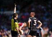 3 June 2018; Eoin McHugh of Sligo is shown a black card by referee Noel Mooney for a tackle on Damien Comer of Galway during the Connacht GAA Football Senior Championship semi-final match between Galway and Sligo at Pearse Stadium, Galway. Photo by Eóin Noonan/Sportsfile