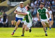 3 June 2018; Conor McCarthy of Monaghan in action against Ruairi Corrigan and Kane Connor of Fermanagh during the Ulster GAA Football Senior Championship Semi-Final match between Fermanagh and Monaghan at Healy Park in Omagh, Co Tyrone. Photo by Oliver McVeigh/Sportsfile