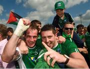 3 June 2018; Fermanagh supporters celebrate at the final whistle with Ruairi Corrigan of Fermanagh after the Ulster GAA Football Senior Championship Semi-Final match between Fermanagh and Monaghan at Healy Park in Omagh, Co Tyrone. Photo by Philip Fitzpatrick/Sportsfile