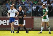 3 June 2018; Referee Conor Lane issues yellow cards to Conor McManus of Monaghan and Che Cullen of Fermanagh during the Ulster GAA Football Senior Championship Semi-Final match between Fermanagh and Monaghan at Healy Park in Omagh, Co Tyrone. Photo by Oliver McVeigh/Sportsfile