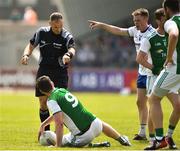 3 June 2018; Referee Conor Lane giving a free to Ryan Jones of Fermanagh as Ryan McAnespie of Monaghan disputes it during the Ulster GAA Football Senior Championship Semi-Final match between Fermanagh and Monaghan at Healy Park in Omagh, Co Tyrone. Photo by Oliver McVeigh/Sportsfile