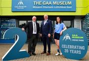 5 June 2018; Celebrating the launch of the new ’20 Years’ annual exhibition at the GAA Museum are Uachtarán Chumann Lúthchleas Gael John Horan, centre, with Croke Park Steward Tom Ryan, left, and Dublin Camogie player and GAA Museum Tour Guide Eve O'Brien in Croke Park, Dublin. The exhibition traces the key moments in GAA and Croke Park history over the past 20 years since the GAA Museum first opened its doors in 1998. Topics covered include the Croke Park redevelopment, the deletion of Rule 21, the suspension of Rule 42 that paved the way for international rugby and soccer to be played in Croke Park, the Special Olympics World Summer Games in 2003 and the GAA 125 festivities in 2009. The exhibition also serves as the throw-in for the GAA Museum’s anniversary programme of events. Details of all the museum’s celebratory activities can be found at www.crokepark.ie/gaamuseum.  Photo by Sam Barnes/Sportsfile