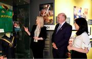 5 June 2018;  Celebrating the launch of the new ’20 Years’ annual exhibition at the GAA Museum are, Uachtarán Chumann Lúthchleas Gael John Horan, centre, with GAA Museum Curator Joanne Clarke, left, and GAA Museum Director Niamh McCoy, at Croke Park in Dublin. The exhibition traces the key moments in GAA and Croke Park history over the past 20 years since the GAA Museum first opened its doors in 1998. Topics covered include the Croke Park redevelopment, the deletion of Rule 21, the suspension of Rule 42 that paved the way for international rugby and soccer to be played in Croke Park, the Special Olympics World Summer Games in 2003 and the GAA 125 festivities in 2009. The exhibition also serves as the throw-in for the GAA Museum’s anniversary programme of events. Details of all the museum’s celebratory activities can be found at www.crokepark.ie/gaamuseum.  Photo by Sam Barnes/Sportsfile