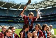 6 June 2018; St. Brigid's NS Castleknock captain Iseult Costello is held aloft by her team-mates after their win over Loreto PS, Rathfarnham, in the Corn Bean Ui Phuirseil Final during Day 2 of the Allianz Cumann na mBunscol finals at Croke Park in Dublin. Photo by Piaras Ó Mídheach/Sportsfile