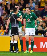 9 June 2018; Jonathan Sexton of Ireland remonstrates with referee Marius van der Westhuizen over a penalty against Jacob Stockdale of Ireland during the 2018 Mitsubishi Estate Ireland Series 1st Test match between Australia and Ireland at Suncorp Stadium, in Brisbane, Australia. Photo by Brendan Moran/Sportsfile