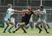 9 June 2018; Seamus O'Shea of Mayo in action against Jim Liston, left, and Darragh Treacy of Limerick during the GAA Football All-Ireland Senior Championship Round 1 match between Limerick and Mayo at the Gaelic Grounds in Limerick. Photo by Diarmuid Greene/Sportsfile