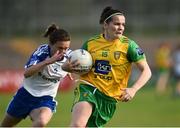 9 June 2018; Geraldine McLaughlin of Donegal in action against Sharon Courtney of Monaghan during the TG4 Ulster Ladies SFC semi-final match between Donegal and Monaghan at Healy Park in Omagh, County Tyrone.  Photo by Oliver McVeigh/Sportsfile