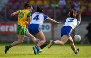 9 June 2018; Geraldine McLaughlin of Donegal with a shot on goal against Josie Fitzpatrick and Hazel Kingham of Monaghan during the TG4 Ulster Ladies SFC semi-final match between Donegal and Monaghan at Healy Park in Omagh, County Tyrone. Photo by Oliver McVeigh/Sportsfile