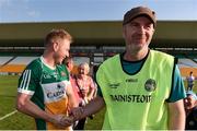 9 June 2018; Offaly manager Paul Rouse, right, is congratulated by Niall Darby of Offaly following the GAA Football All-Ireland Senior Championship Round 1 match between Offaly and Antrim at Bord Na Mona O'Connor Park in Tullamore, Offaly. Photo by Sam Barnes/Sportsfile