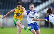 9 June 2018; Aoife McDonnell of Donegal in action against Rosemary Courtney and Hazl Kingham of Monaghan during the TG4 Ulster Ladies SFC semi-final match between Donegal and Monaghan at Healy Park in Omagh, County Tyrone.  Photo by Oliver McVeigh/Sportsfile