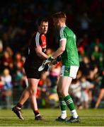 9 June 2018; Cillian O'Connor of Mayo exchanges a handshake with Limerick goalkeeper Donal O'Sullivan after the GAA Football All-Ireland Senior Championship Round 1 match between Limerick and Mayo at the Gaelic Grounds in Limerick. Photo by Diarmuid Greene/Sportsfile