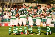 9 June 2018; Graham Burke of Shamrock Rovers is congratulated by team mates after scoring his side's third goal during the SSE Airtricity League Premier Division match between Shamrock Rovers and Bray Wanderers at Tallaght Stadium in Dublin. Photo by David Fitzgerald/Sportsfile