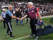 9 June 2018; Anthony Cunningham, Dublin selector and former Galway Hurling manager shakes the hand of Galway kitman James 'Tex' Callahan after the match in the Leinster GAA Hurling Senior Championship Round 5 match between Galway and Dublin at Pearse Stadium in Galway. Photo by Ray Ryan/Sportsfile