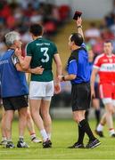 9 June 2018; David Hyland of Kildare is shown the black card by referee David Coldrick during the GAA Football All-Ireland Senior Championship Round 1 match between Derry and Kildare at Derry GAA Centre of Excellence, Owenbeg, Derry. Photo by Piaras Ó Mídheach/Sportsfile