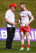 9 June 2018; Tyrone manager Mickey Harte speaks with Hugh Pat McGeary prior to the GAA Football All-Ireland Senior Championship Round 1 match between Meath and Tyrone at Páirc Táilteann in Navan, Co Meath. Photo by Stephen McCarthy/Sportsfile
