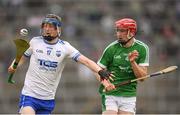 10 June 2018; Oisin Ó'Ceallaigh of Waterford in action against Michael Keane of Limerick during the Electric Ireland Munster GAA Hurling Minor Championship match between Limerick and Waterford at the Gaelic Grounds in Limerick. Photo by Eóin Noonan/Sportsfile