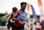 2 June 2018; Nkemjika Onwumereb of St Declan's Cabra, Co. Dublin, competing in the Junior Boys 100 Metres  during the Irish Life Health All-Ireland Schools Track and Field Championships at Tullamore Harriers Stadium in Tullamore, Co. Offaly. Photo by Sam Barnes/Sportsfile