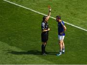 10 June 2018; James McGivney of Longford is shown the red card by referee Maurice Deegan, after he tackled Dublin goalkeeper Stephen Cluxton after the ball during the Leinster GAA Football Senior Championship Semi-Final match between Dublin and Longford at Croke Park in Dublin. Photo by Piaras Ó Mídheach/Sportsfile