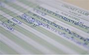 10 June 2018; A detailed view of a scoring sheet during the All Rounder Munster Premier Division match between County Kerry and Cork Harlequins at the Oyster Oval, Tralee, Co Kerry. Photo by Seb Daly/Sportsfile