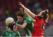 9 June 2018; Eimear Smyth of Fermanagh in action against Aoibheann McCarville of Down during the TG4 Ulster Ladies IFC semi-final match between Down and Fermanagh at Healy Park in Omagh, County Tyrone. Photo by Oliver McVeigh/Sportsfile