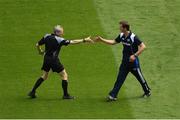 10 June 2018; Laois manager John Sugrue shakes hands with referee Fergal Kelly before the Leinster GAA Football Senior Championship Semi-Final match between Carlow and Laois at Croke Park in Dublin. Photo by Piaras Ó Mídheach/Sportsfile