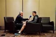 12 June 2018; Jonathan Sexton is interviewed by Michael Corcoran of RTE radio during an Ireland rugby press conference in Melbourne, Australia. Photo by Brendan Moran/Sportsfile