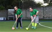 13 June 2018; The Irish ParaHockey ID team today announced Off The Ball as their shirt sponsor ahead of the European ParaHockey Tournament in Barcelona. Pictured are Hannah Winston of Three Rock Rovers HC and Harry Gaw of Monkstown HC at the Three Rock Rovers HC, Grange Road in Rathfarnham, Dublin. Photo by Harry Murphy/Sportsfile