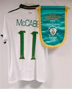 12 June 2018; A detailed view of the Republic of Ireland match pennant and the jersey of captain Katie McCabe in the changing room prior to the FIFA 2019 Women's World Cup Qualifier match between Norway and Republic of Ireland at the SR-Bank Arena in Stavanger, Norway. Photo by Seb Daly/Sportsfile