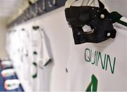 12 June 2018; A detailed view of the face mask to be worn by Louise Quinn of Republic of Ireland in the changing room prior to the FIFA 2019 Women's World Cup Qualifier match between Norway and Republic of Ireland at the SR-Bank Arena in Stavanger, Norway. Photo by Seb Daly/Sportsfile