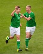 12 June 2018; Georgie Poynton of Ireland celebrates with Shane Daly-Butz after scoring his side's first goal of the game during the College & Universities Football League match between Ireland and France at the City Calling Stadium in Longford. Photo by Eóin Noonan/Sportsfile