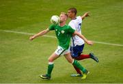 12 June 2018; Shane Daly-Butz of Ireland in action against Jacques-Antoine Pelletier of France during the College & Universities Football League match between Ireland and France at the City Calling Stadium in Longford. Photo by Eóin Noonan/Sportsfile
