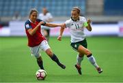 12 June 2018; Katie McCabe of Republic of Ireland in action against Ingrid Wold of Norway during the FIFA 2019 Women's World Cup qualifier match between Norway and Republic of Ireland at the Viking Stadion in Stavanger, Norway. Photo by Seb Daly/Sportsfile