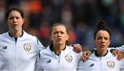 12 June 2018; Republic of Ireland players, from left, Marie Hourihan, Katie McCabe and Sophie Perry-Campbell during the national anthem prior to the FIFA 2019 Women's World Cup Qualifier match between Norway and Republic of Ireland at the SR-Bank Arena in Stavanger, Norway. Photo by Seb Daly/Sportsfile