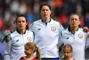 12 June 2018; Republic of Ireland players, from left, Aine O'Gorman, Marie Hourihan and Katie McCabe during the national anthem prior to the FIFA 2019 Women's World Cup Qualifier match between Norway and Republic of Ireland at the SR-Bank Arena in Stavanger, Norway. Photo by Seb Daly/Sportsfile