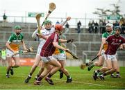 13 June 2018; Galway goalkeeper Éanna Murphy in action against Joe Keenaghan of Offaly during the Bord Gáis Energy Leinster Under 21 Hurling Championship 2018 Quarter Final match between Offaly and Galway at Bord Na Móna O'Connor Park, in Tullamore, Offaly. Photo by Piaras Ó Mídheach/Sportsfile