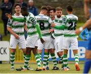 15 June 2018; Joel Coustrain of Shamrock Rovers, centre, celebrates with teammates after scoring his side's first goal during the SSE Airtricity League Premier Division match between Limerick and Shamrock Rovers at Market's Field, Limerick. Photo by Tom Beary/Sportsfile