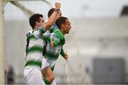 15 June 2018; Graham Burke of Shamrock Rovers celebrates after scoring his side's second goal with Justin Coustrain, left, and, Sean Kavanagh during the SSE Airtricity League Premier Division match between Limerick and Shamrock Rovers at Market's Field, Limerick. Photo by Tom Beary/Sportsfile