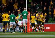 16 June 2018; Kurtley Beale, right, of Australia celebrates with teammates after scoring his side's first try during the 2018 Mitsubishi Estate Ireland Series 2nd Test match between Australia and Ireland at AAMI Park, in Melbourne, Australia. Photo by Brendan Moran/Sportsfile