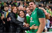 16 June 2018; Tadhg Beirne of Ireland celebrates with his family, mother Brenda Hyland, sisters Jennifer and Caoimhe and father Gerry after the 2018 Mitsubishi Estate Ireland Series 2nd Test match between Australia and Ireland at AAMI Park, in Melbourne, Australia. Photo by Brendan Moran/Sportsfile