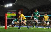 16 June 2018; Andrew Conway of Ireland scores his side's first try during the 2018 Mitsubishi Estate Ireland Series 2nd Test match between Australia and Ireland at AAMI Park, in Melbourne, Australia. Photo by Brendan Moran/Sportsfile