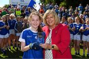 16 June 2018; Ava McCaul of Cavan is presented with her player of the match award by Marie Hickey, President, LGFA, after the All-Ireland U14 A Ladies Football Final match between Cavan and Dublin in Lann Léire GAA in Dunleer, Co. Louth. Photo by Piaras Ó Mídheach/Sportsfile