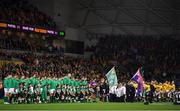 16 June 2018; The Ireland and Australian teams stand for the national anthem prior to the 2018 Mitsubishi Estate Ireland Series 2nd Test match between Australia and Ireland at AAMI Park, in Melbourne, Australia. Photo by Brendan Moran/Sportsfile