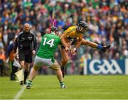 17 June 2018; Dylan McMahon of Clare in action against Bob Purcell of Limerick during the Electric Ireland Munster GAA Hurling Minor Championship Round 5 match between Clare and Limerick at Cusack Park in Ennis, Clare. Photo by Ray McManus/Sportsfile