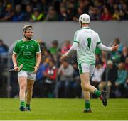 17 June 2018; Bryan Heavey, right, and Ben Herlihy of Limerick celebrate after the Electric Ireland Munster GAA Hurling Minor Championship Round 5 match between Clare and Limerick at Cusack Park in Ennis, Clare. Photo by Ray McManus/Sportsfile