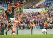 17 June 2018; Ryan O'Donoghue of Mayo scores his side's first goal from a penalty during the EirGrid Connacht GAA Football U20 Championship Final match between Mayo and Roscommon at Dr Hyde Park in Roscommon. Photo by Piaras Ó Mídheach/Sportsfile