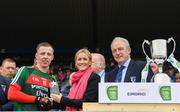17 June 2018; Ryan O'Donoghue of Mayo receives the Man of the Match award from Eirgrid’s Senior Marketing Communications Specialist, Emma Moriarty, after the EirGrid Connacht GAA Football U20 Championship Final match between Mayo and Roscommon at Dr Hyde Park in Roscommon. Photo by Ramsey Cardy/Sportsfile