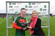 17 June 2018; Ryan O'Donoghue of Mayo receives the Man of the Match award from Eirgrid’s Senior Marketing Communications Specialist, Emma Moriarty, after the EirGrid Connacht GAA Football U20 Championship Final match between Mayo and Roscommon at Dr Hyde Park in Roscommon. Photo by Ramsey Cardy/Sportsfile