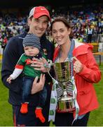 17 June 2018; Mayo manager Mike Solan with his wife Rosemary and his son Teddy, 4 months, and the cup after the EirGrid Connacht GAA Football U20 Championship Final match between Mayo and Roscommon at Dr Hyde Park in Roscommon. Photo by Piaras Ó Mídheach/Sportsfile