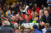 17 June 2018; Mayo captain Ryan O'Donoghue lifts the cup following their victory in the EirGrid Connacht GAA Football U20 Championship Final match between Mayo and Roscommon at Dr Hyde Park in Roscommon. Photo by Piaras Ó Mídheach/Sportsfile